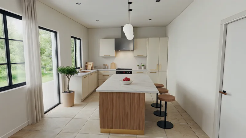 Cocina con isla de roble y taburetes