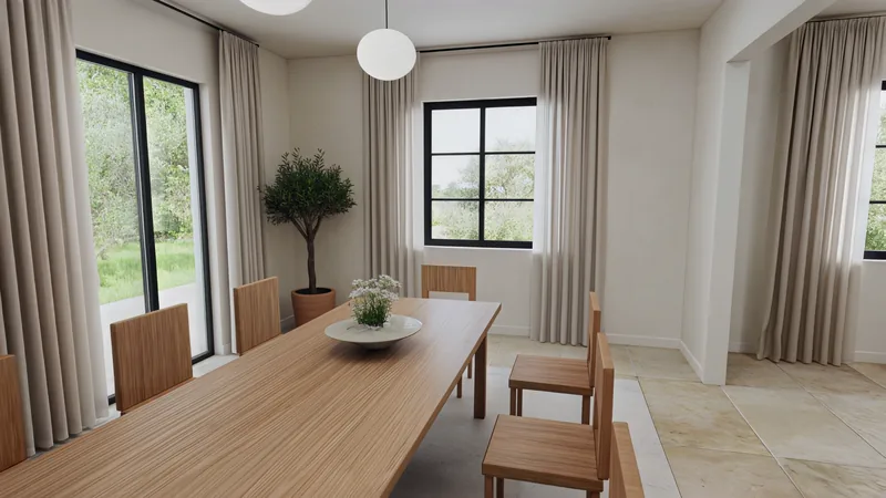 Comedor con mesa larga de roble y salida al jardín