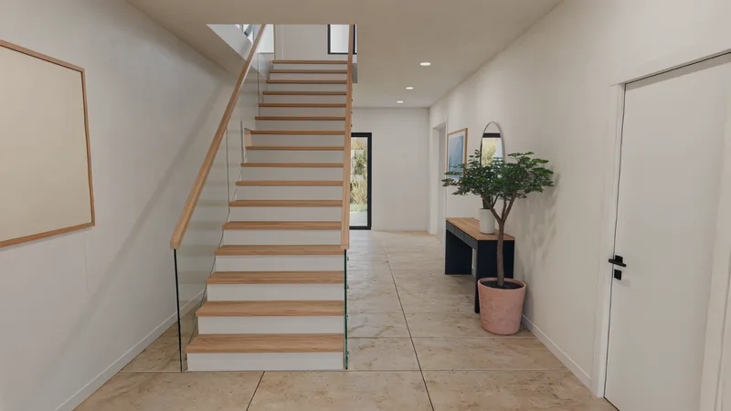 Recibidor con escalera de madera y cristal