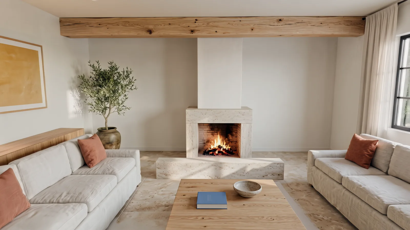 Salón con chimenea encendida, sofás enfrentados y viga de madera